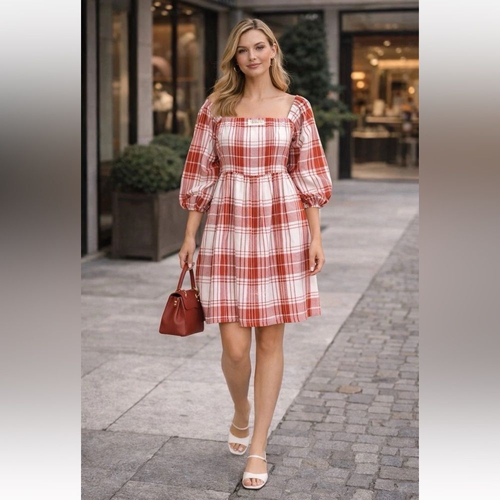Monteau Los Angles red/rust/white plaid square neck babydoll dress size medium.